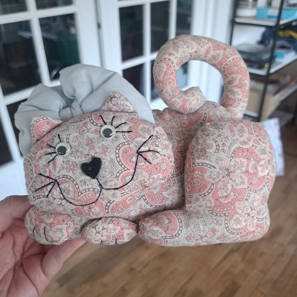 1980s Handmade Door Stopper Stuffed Calico Cat Kitten Shelf Country Granny Core